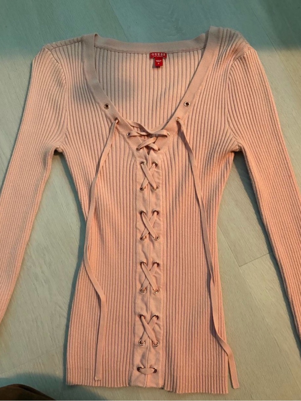 GUESS Pink Ribbed Lace-Up Long Sleeve Top